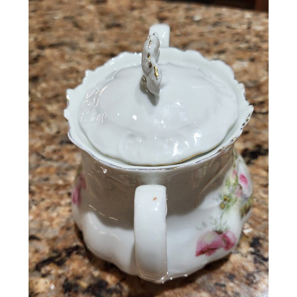 Antique Lehmann Leuchtenburg Germany Sugar Bowl Pink White Roses 2 handle - Picture 3 of 15